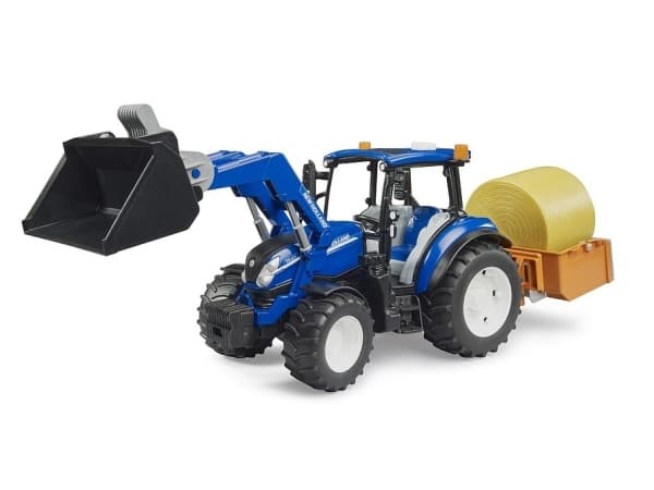New Holland T5.120 FL:llä, lastauslaatikko, haarukat + 1 pyöröpaali