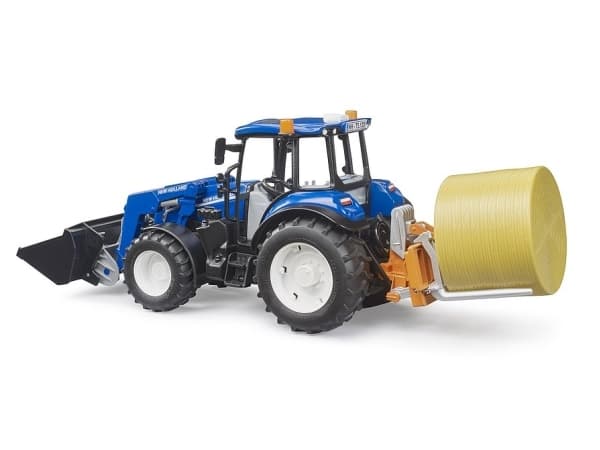 New Holland T5.120 FL:llä, lastauslaatikko, haarukat + 1 pyöröpaali