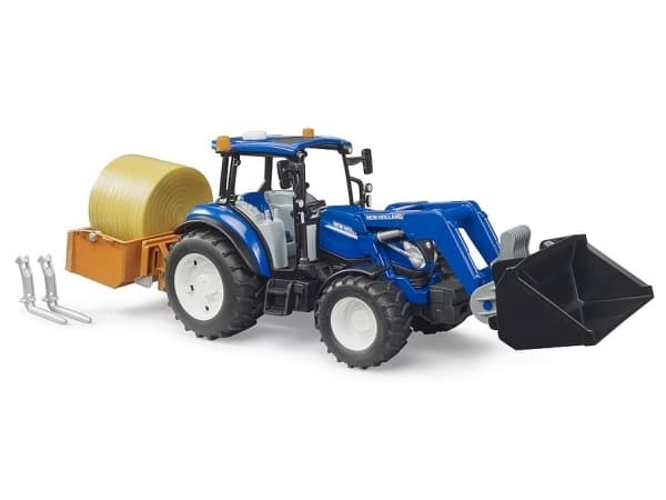New Holland T5.120 FL:llä, lastauslaatikko, haarukat + 1 pyöröpaali