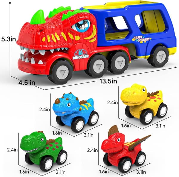 OBOSOE dinosaur transportvogn med 4 friktionsdrevne minidinosaurer – sjov legetøjsbil til børn