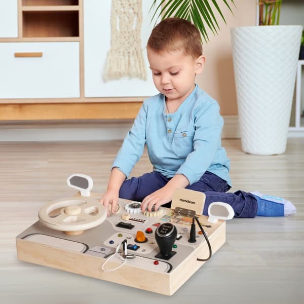 Mamabrum Montessori bilpanel i trä – interaktiv körbräda med ljus, ljud och bokstäver, 3+, lärande och lek i ett