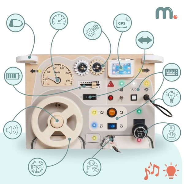 Mamabrum Montessori bilpanel i trä – interaktiv körbräda med ljus, ljud och bokstäver, 3+, lärande och lek i ett