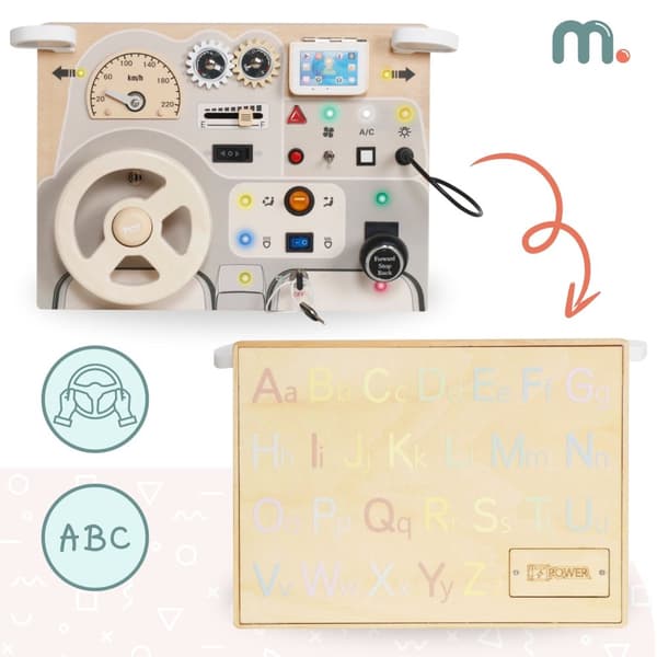 Mamabrum Montessori bilpanel i trä – interaktiv körbräda med ljus, ljud och bokstäver, 3+, lärande och lek i ett