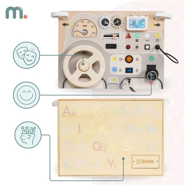 Mamabrum Montessori bilpanel i trä – interaktiv körbräda med ljus, ljud och bokstäver, 3+, lärande och lek i ett