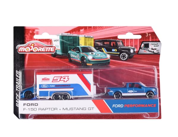 Majorette Race Trailer Ford F-150 Raptor + Mustang GT