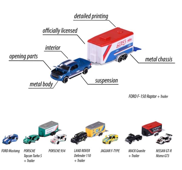 Majorette Race Trailer Land Rover Defender 110 + Jaguar
