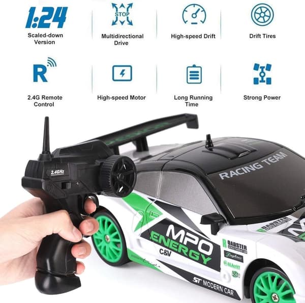 OBOSOE 2.4G kauko-ohjattava nelivetoinen leluauto 1:24 mittakaava – nopea sähköinen propulsioauto valoilla pojille