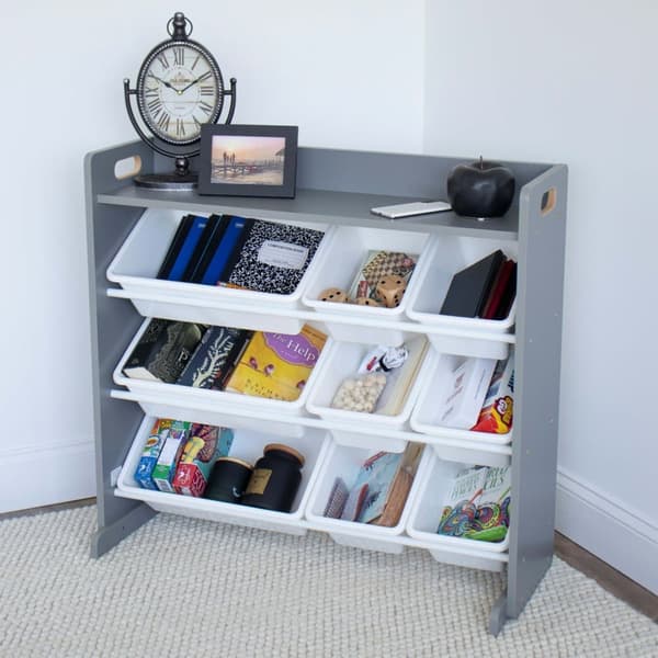 Humble Crew Children's Shelf, Toy Organiser Shelf with 9 Storage Boxes, Grey/White