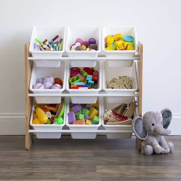 Humble Crew Children's Shelf, Toy Organiser Shelf with 9 Storage Boxes, Natural/White