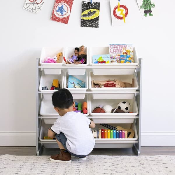 Humble Crew Children's Shelf, Toy Organiser Shelf with 12 Storage Boxes, Grey/White