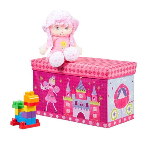 Relaxdays Taburett Leklåda leksaksbox med lock puff barn hopfällbar prinsessa förvaring flicka 50L, rosa