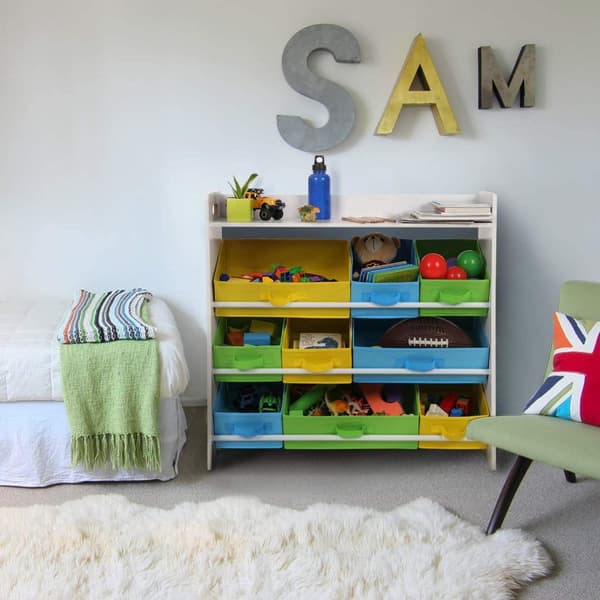 Rootz´s Toy organisator 9 irrotettavalla kuitukangaslaatikolla - Säilytystila - Kirjahylly - Säilytyskaappi - Lelujärjestäjä - Lelukaappi - Puinen run