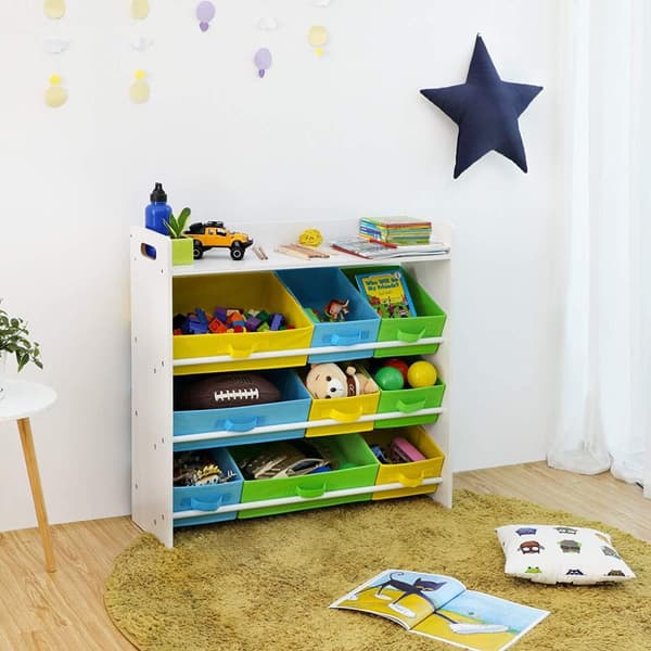 Rootz´s Toy organisator 9 irrotettavalla kuitukangaslaatikolla - Säilytystila - Kirjahylly - Säilytyskaappi - Lelujärjestäjä - Lelukaappi - Puinen run