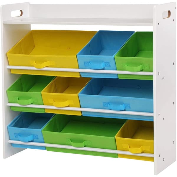 Rootz´s Toy organisator 9 irrotettavalla kuitukangaslaatikolla - Säilytystila - Kirjahylly - Säilytyskaappi - Lelujärjestäjä - Lelukaappi - Puinen run