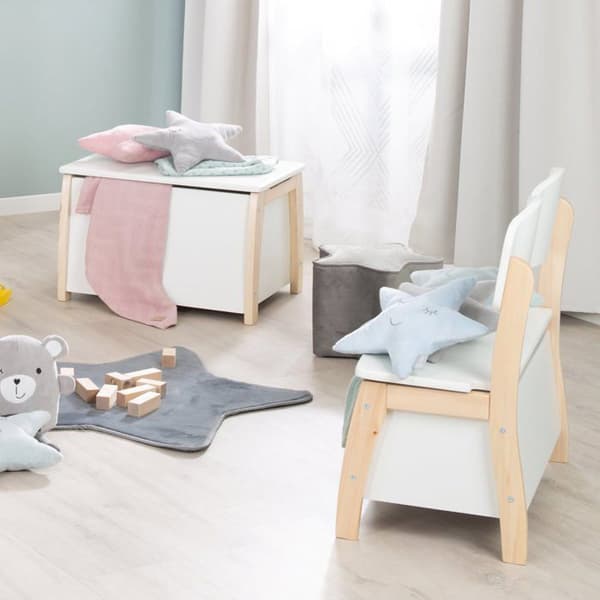 Bänk för leksakslådor i trä - ROBA - Mjuk stängning - Vit / Trälook