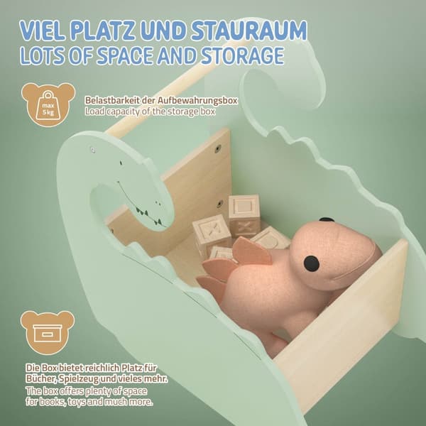 Barnleksakslåda dino design beige/grön på hjul tillverkad av trä Joyz