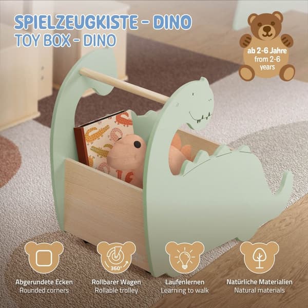 Barnleksakslåda dino design beige/grön på hjul tillverkad av trä Joyz
