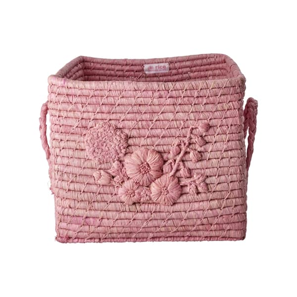 RICE Raffia firkantet kurv med blomsterbroderi - pink