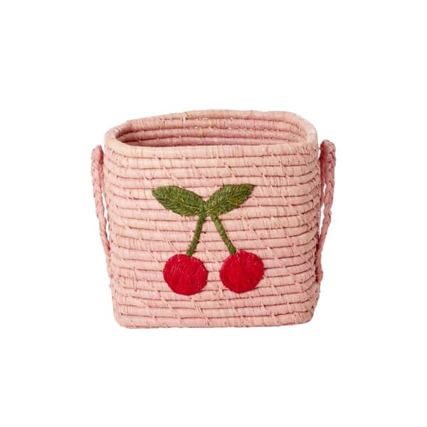 RICE Raffia fyrkantig korg med stort körsbärsbroderi - Mjuk rosa - Liten
