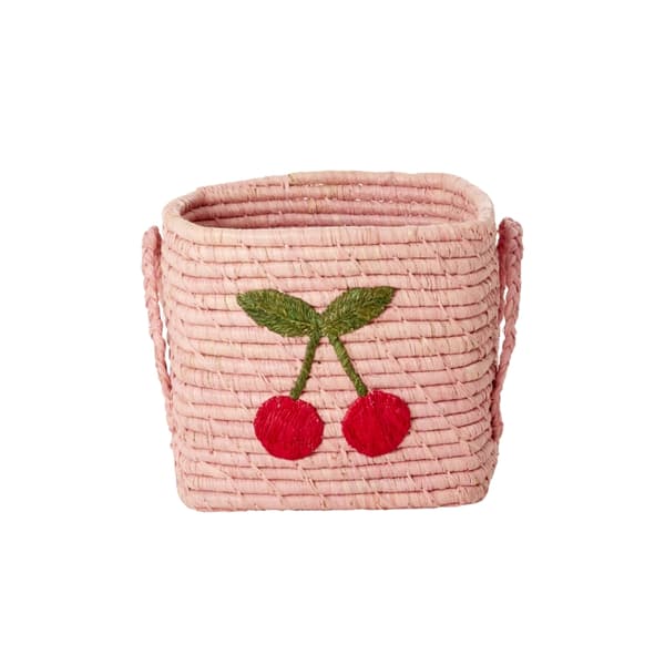 RICE Firkantet raffiakurv med stort kirsebærbroderi - Soft Pink - Small