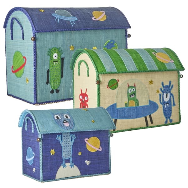 RICE Raffia Leksakskorgar med Monsters-tema - Vibrant - Set om 3