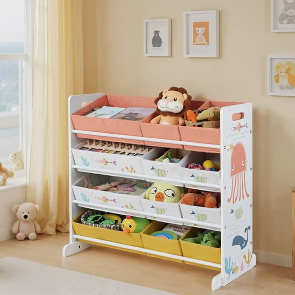 Speelgoedplank, kinderkamerplank met 12 stoffen dozen, voor boeken en speelgoed
