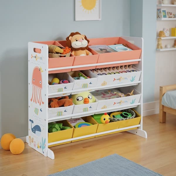 Speelgoedplank, kinderkamerplank met 12 stoffen dozen, voor boeken en speelgoed