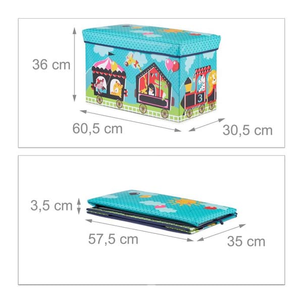 Relaxdays Taburett cirkus Leksakskista med lock pouf barn hopfällbar förvaring flicka pojke 50L, turkos