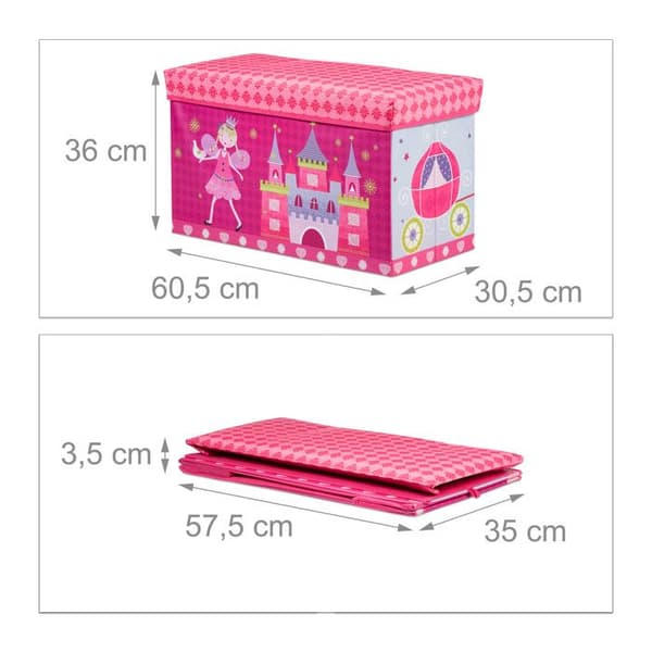 Relaxdays Taburett Leklåda leksaksbox med lock puff barn hopfällbar prinsessa förvaring flicka 50L, rosa