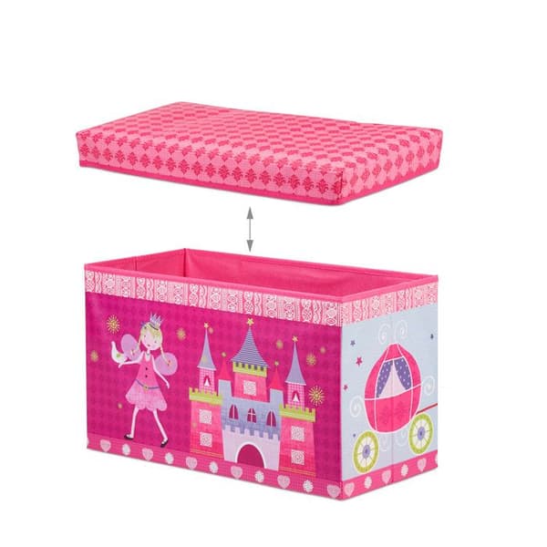 Relaxdays Taburett Leklåda leksaksbox med lock puff barn hopfällbar prinsessa förvaring flicka 50L, rosa