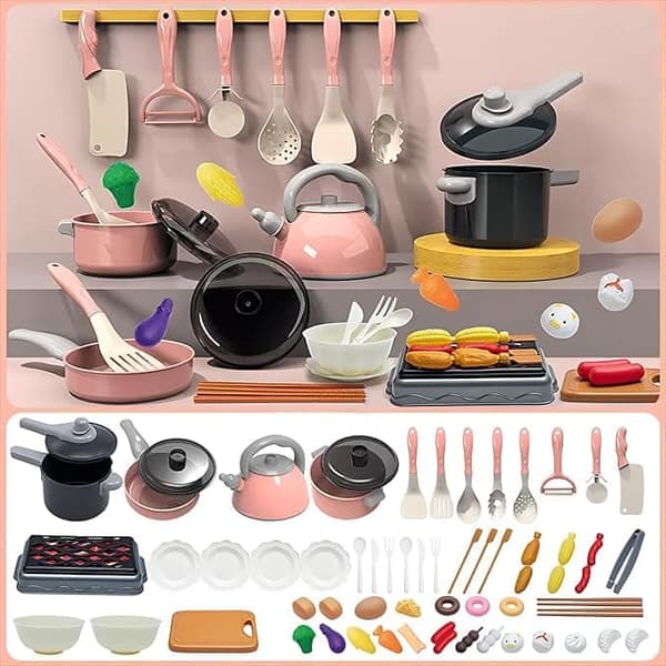 Børns køkkenlegetøj – legetøjsgrillsæt, vildtmad til piger og drenge (pink) 61 Pcs