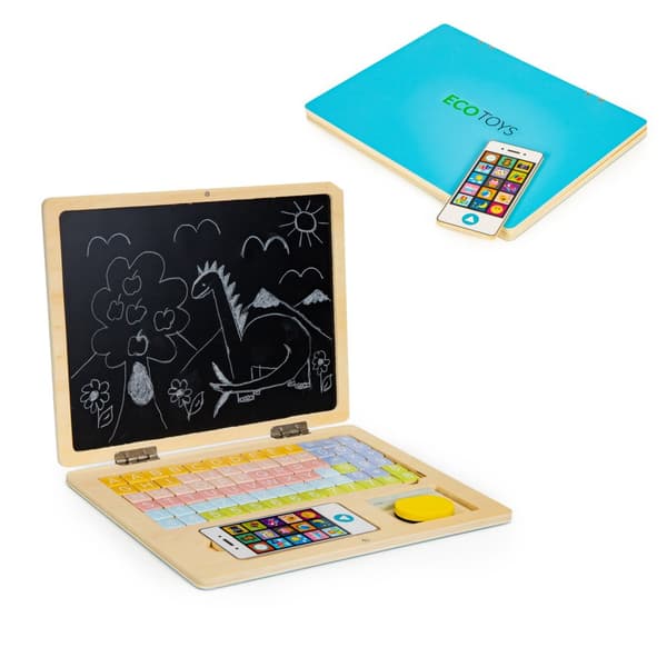 EcoToys pedagogisk magnettavla - 30x22cm - inklusive 78 bokstäver och siffror - träkonstruktion - blå