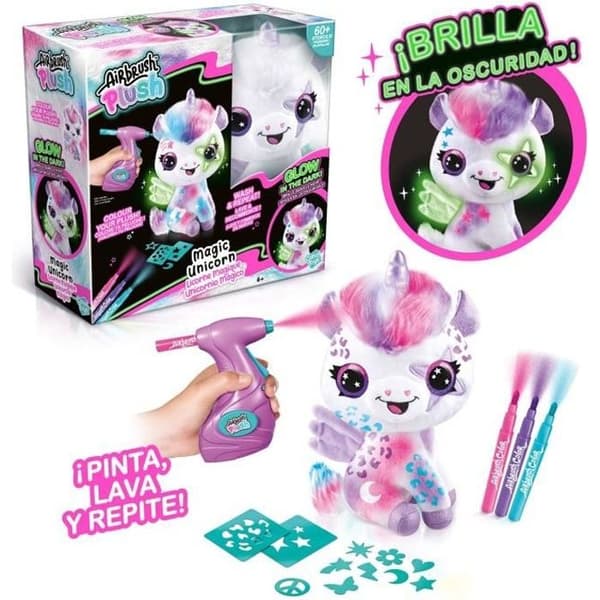 Airbrush Unicorn plyschleksak som lyser i mörkret för att anpassa - Spraykonstplyschleksak med filtspetsar och schabloner - OFG 274 - Canal Toys