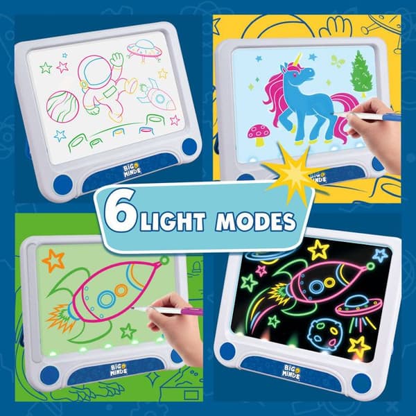 Big Minds - Led Magic Board | Teckningsplatta för barn 3 i 1 Barn 4 år+ | Skrivplatta 6 vändbara schabloner