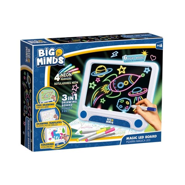 Big Minds - Led Magic Board | Teckningsplatta för barn 3 i 1 Barn 4 år+ | Skrivplatta 6 vändbara schabloner