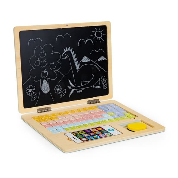 Holdbart træ legetøjslaptop med tavle og magnetisk bord til børn, inkluderer 78 bogstaver og tal, ideel gave til børnebørn