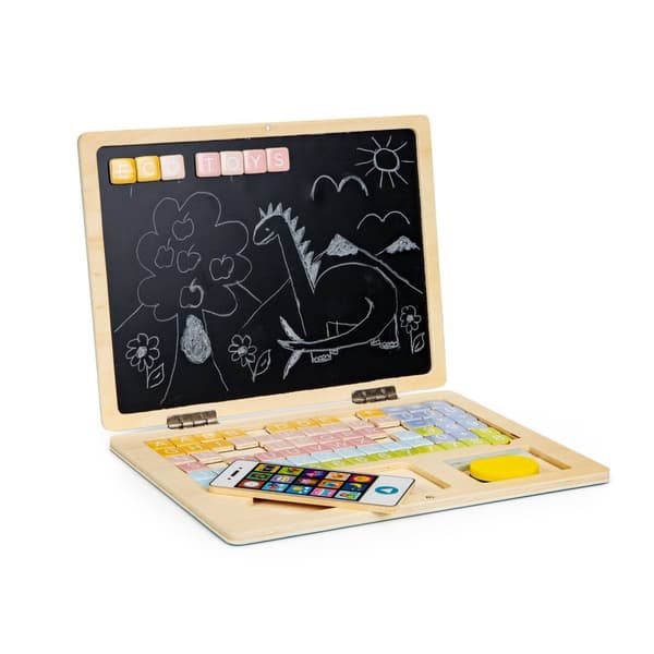 Holdbart træ legetøjslaptop med tavle og magnetisk bord til børn, inkluderer 78 bogstaver og tal, ideel gave til børnebørn