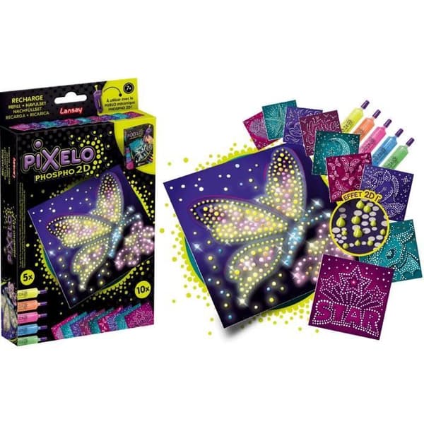 Refill - LANSAY - Pixelo Phospho 2D - 10 fosforescerande illustrationer för att skapa och få glöd i mörkret, från 7 år