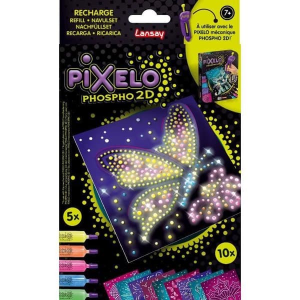 Refill - LANSAY - Pixelo Phospho 2D - 10 fosforescerande illustrationer för att skapa och få glöd i mörkret, från 7 år