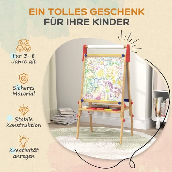 Børns Staffeli, 3-i-1, 61x47x113 cm, Naturligt Træ