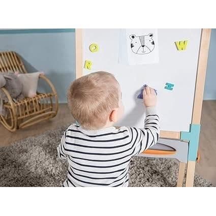 Smoby - Dobbeltsidet trætavle - Kridt- og magnetisk whiteboardtavle - Sammenklappelig og højdejusterbar - 80 tilbehør - Fra 3 år