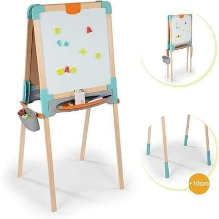 Smoby - Dobbeltsidet trætavle - Kridt- og magnetisk whiteboardtavle - Sammenklappelig og højdejusterbar - 80 tilbehør - Fra 3 år