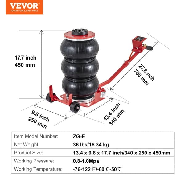 Airbag Jack, 6600 lbs Belastningskapacitet, Allsidigt Løfteområde,3 Tonel