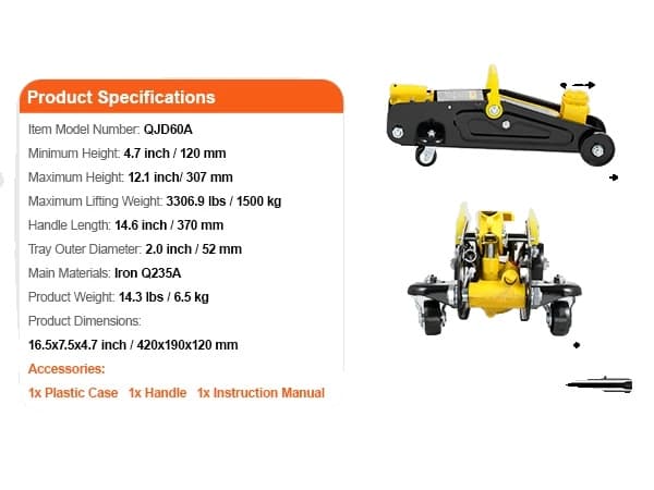 Matala profiili hydraulinen lattiajack, 1,5 tonnin kuormakapasiteetti, kompakti muotoilu,1,5T