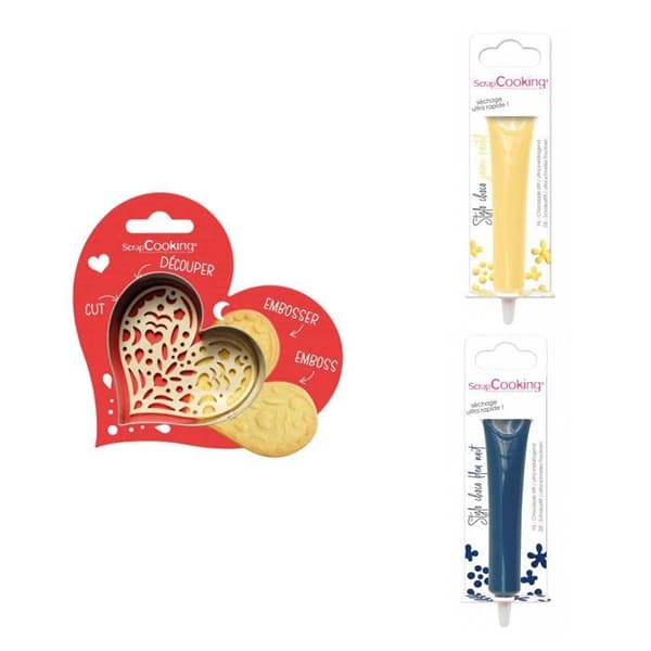 Kit för kaka i relief Heart + 2 pastellgula och midnattsblå chokladpennor