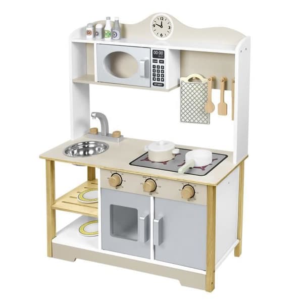XMTECH Träbarnkök, 65x24x85cm Barnköksset Imitationsspel med tillbehör, Kreativt matlagningsspel