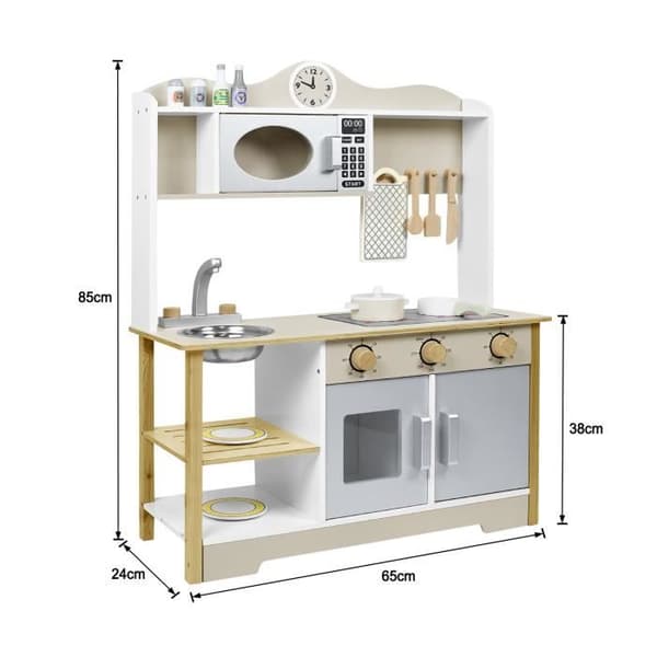 XMTECH Träbarnkök, 65x24x85cm Barnköksset Imitationsspel med tillbehör, Kreativt matlagningsspel