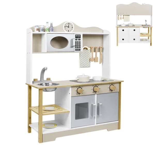 XMTECH Träbarnkök, 65x24x85cm Barnköksset Imitationsspel med tillbehör, Kreativt matlagningsspel