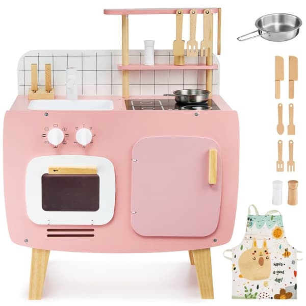 Mamabrum Trækøkken til børn, retro stil legetøj med forklæde, gryder og tilbehør, legekøkken, børnekøkken, pastelrosa