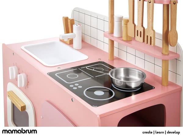 Mamabrum Trækøkken til børn, retro stil legetøj med forklæde, gryder og tilbehør, legekøkken, børnekøkken, pastelrosa